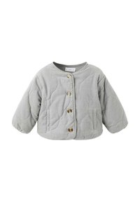 Giubbotto grigio trapuntato con scollatura rotonda, maniche lunghe e quattro bottoni dorati. Presenta due tasche anteriori e una texture morbida.