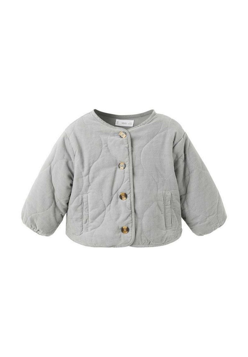 Giubbotto grigio trapuntato con scollatura rotonda, maniche lunghe e quattro bottoni dorati. Presenta due tasche anteriori e una texture morbida.