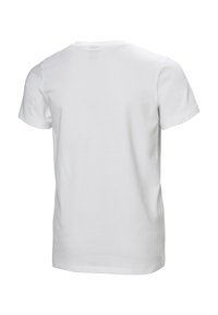 Camiseta de algodón blanca con cuello redondo clásico, mangas cortas y una textura suave. Sin patrones ni gráficos visibles en la parte posterior.