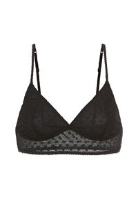 Čierny bralet s priesvitným materiálom, bodkovanou textúrou a nastaviteľnými ramienkami. Mäkké trojuholníkové košíčky a volánikový lem pozdĺž okrajov.