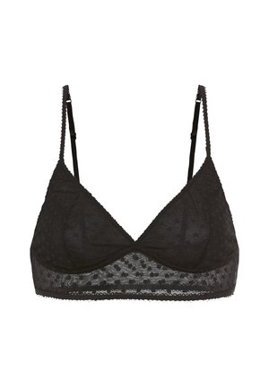 Svart bralette med genomskinligt material, prickig textur och justerbara band. Mjuka triangulära kupor och vågformad kant längs kanterna.