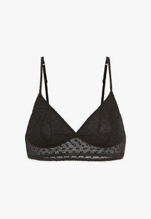 Bralette noire en matériau transparent, texture à pois et bretelles réglables. Coupes triangulaires douces et bordure festonnée le long des bords.