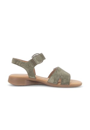 Olive green suede women's sandal with adjustable ankle strap, open toe, and low brown rubber sole.