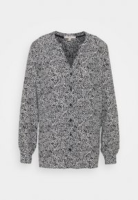 Langärmlige Bluse aus leichtem Stoff, mit einem schwarz-weißen Leopardenmuster, V-Ausschnitt und Knopfverschluss vorne. Puffärmel an den Manschetten.