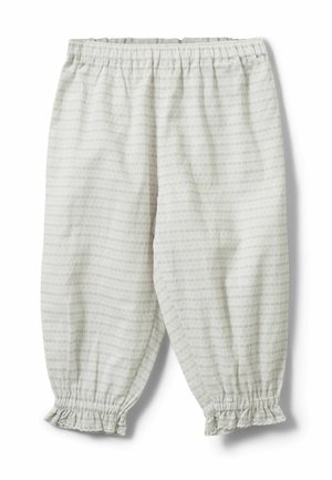 Hellgraue Baumwollhose mit elastischem Bund, gerafften Bündchen und einem dezenten Streifenmuster. Weiche Textur und legeres Design.