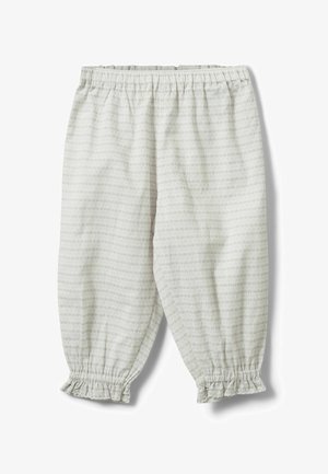 Lichtgrijze katoenen broek met een elastische tailleband, geplooide boorden en een subtiel gestreept patroon. Zachte textuur en casual ontwerp.