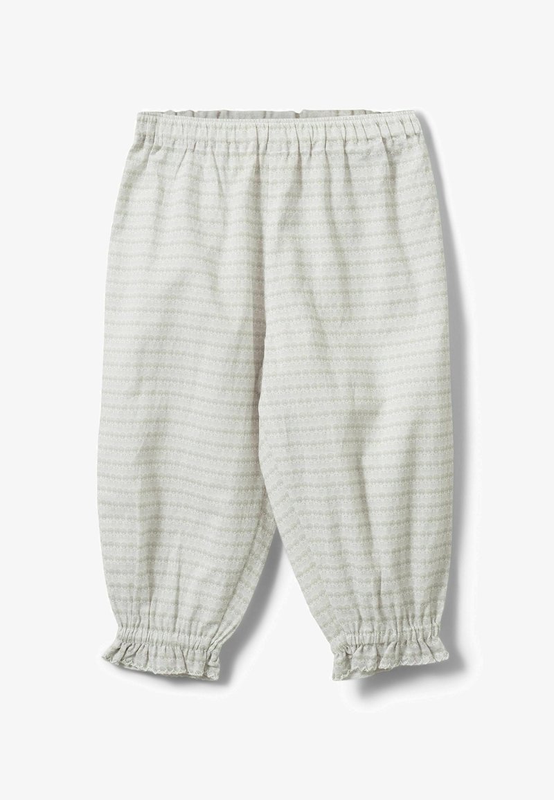 Pantalon en coton gris clair avec taille élastique, poignets froncés et motif rayé subtil. Texture douce et design décontracté.
