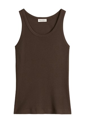 Braunes, geripptes, ärmelloses Tanktop mit rundem Ausschnitt und Marc O’Polo-Label an der Innenseite des Rückenkleids.