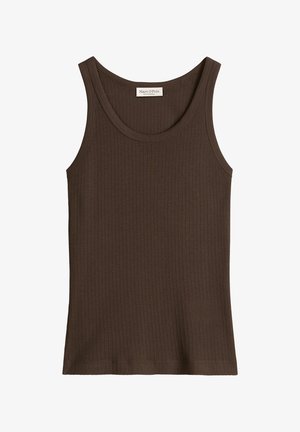 Braunes, geripptes, ärmelloses Tanktop mit rundem Ausschnitt und Marc O’Polo-Label an der Innenseite des Rückenkleids.