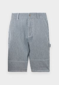 Striped shorts in navy and white, featuring a belt loop, button closure, two side pockets, and a straight cut ending just above the knee.