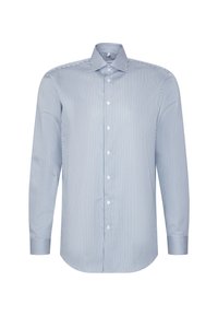 Blauwe en witte gestreepte blouse met lange mouwen, knoopsluiting en een klassieke kraag. Gemaakt van lichtgewicht stof met een zachte textuur.