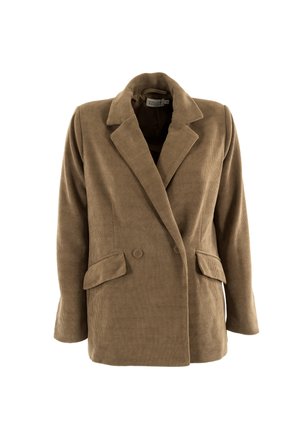 Blazer in corduroy marrone con ampi rever, due tasche a filetto e chiusura a doppio bottone, esposto su uno sfondo bianco.
