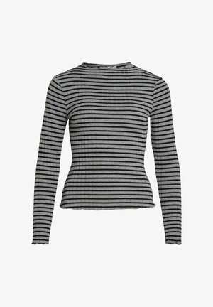 Langermet topp laget av ribbet stoff, med horisontale svarte og grå striper, rund halslinning, og bølgete kantdetaljer.