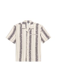 Short-sleeve button-up shirt in light cream with wavy gray stripes, featuring a chest pocket and a relaxed collar. Smooth fabric texture.