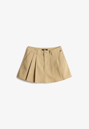 Khaki-Skort mit Falten, aus Baumwollmischgewebe. Verfügt über einen vorderen Knopfverschluss und Seitentaschen. Einfaches, funktionales Design.