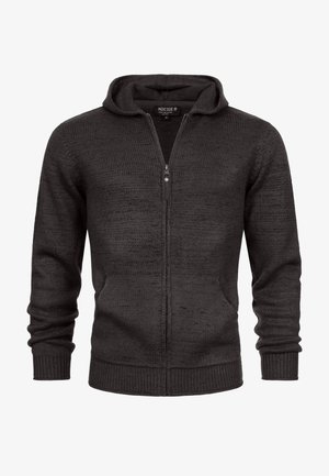 Haut à capuche zippé gris foncé en tissu tricoté texturé, avec une fermeture éclair à l'avant, une capuche, et des poignets et un ourlet côtelés.