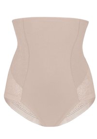 Beige high-waisted shapewear with smooth fabric, sheer lace sides, and a close-fitting design for comfortable shaping and support.
