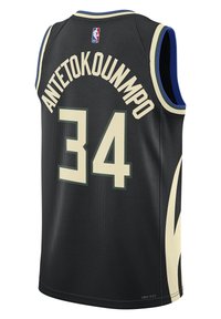 Svart baskettröja i ett trasigt tyg. Har "ANTETOKOUNMPO" och nummer "34" i krämfärgad text. Sidopartier i guld och blått.