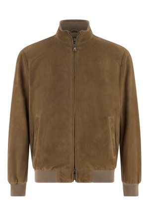 Veste bomber en daim marron avec fermeture éclair à l'avant, poignets et ourlet côtelés, dotée de poches latérales et d'un col montant.