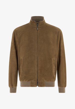 Braune Wildleder-Bomberjacke mit Frontreißverschluss, gerippten Bündchen und Saum, seitlichen Taschen und Stehkragen.