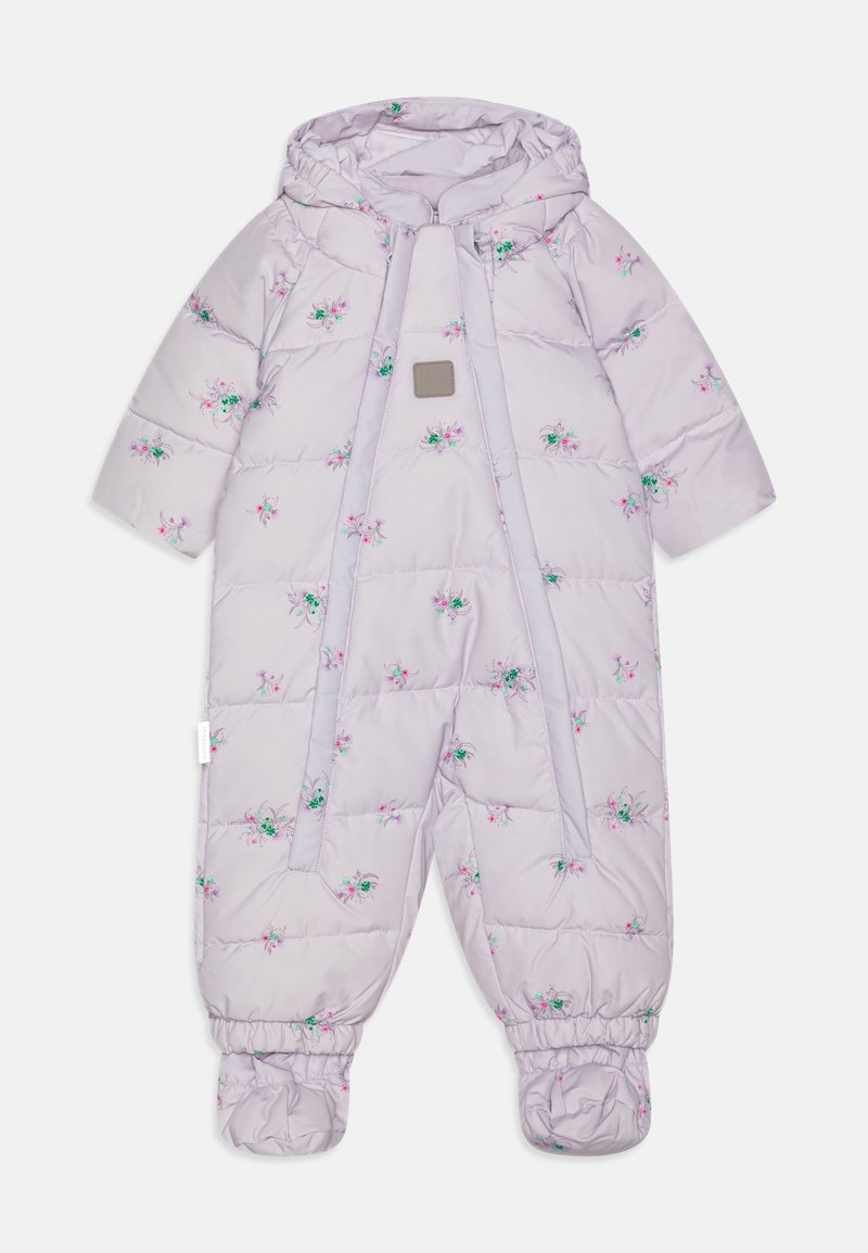 Padded one-piece suit in lavender with floral embroidery. Features a hood, thick insulation, front ties, and elastic cuffs at ankles.