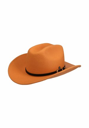 Orange felt cowboy hat with a black band and buckle detail around the base of the crown.