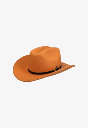 Orange felt cowboy hat with a black band and buckle detail around the base of the crown.