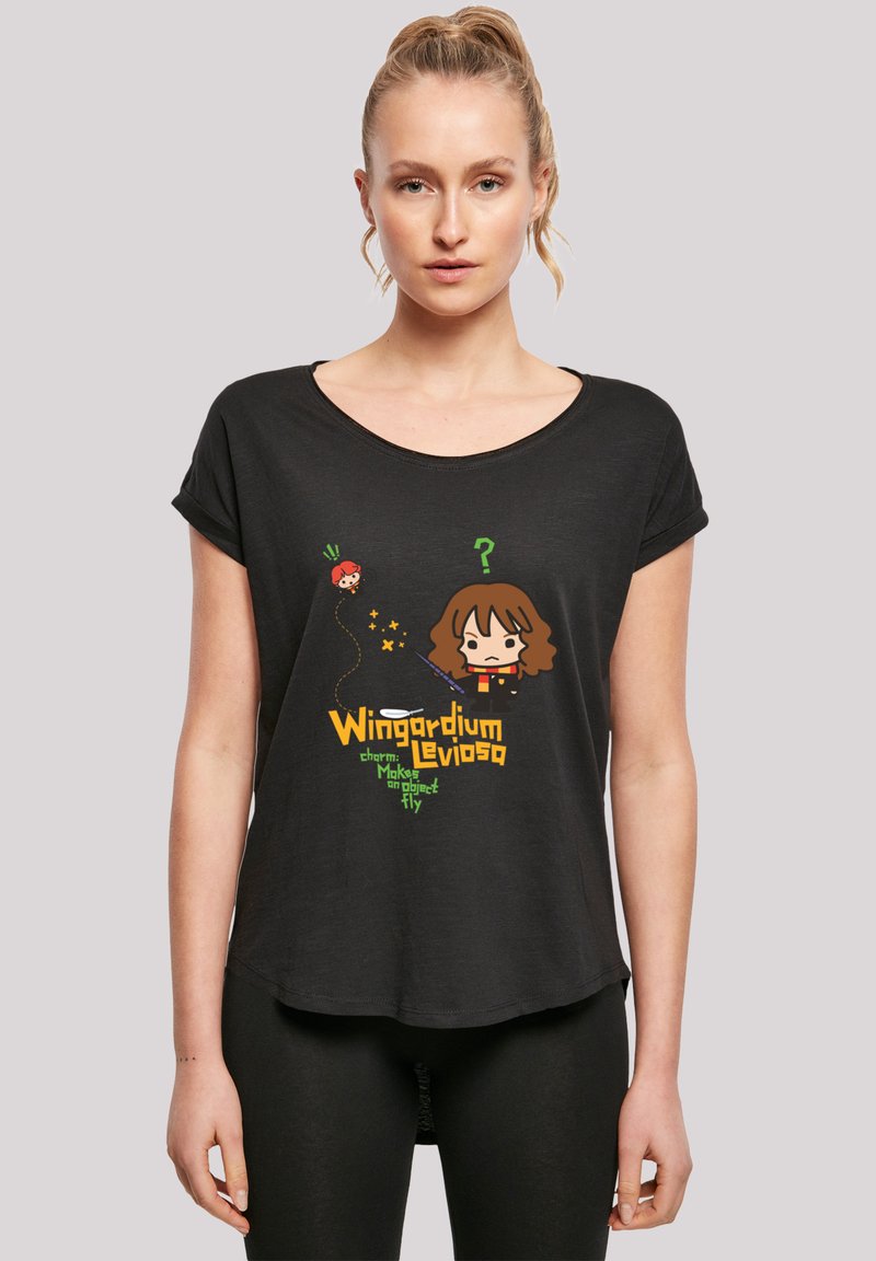 Black short-sleeve t-shirt featuring a cartoon graphic with the text "Wingardium Leviosa" in orange and green, and character illustrations.