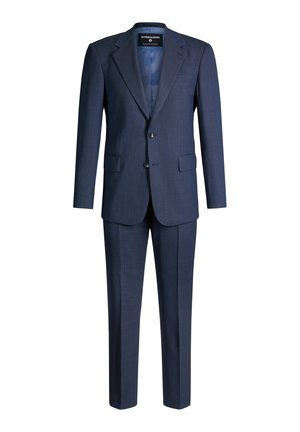 Marineblauer Herrenanzug mit feinem Karo-Muster, Zweiknopf-Sakko, mit Kerbklappen, Pattentaschen und passenden, maßgeschneiderten Hosen.