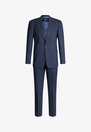 Abito da uomo blu navy con motivo check sottile, blazer a due bottoni, rever con scavo, tasche con pattina e pantaloni su misura abbinati.