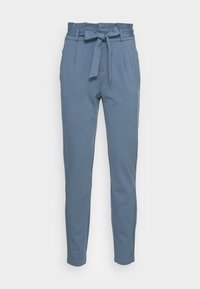 Blue tailored trousers with a belted high-waist, side pockets, and a slim fit. Made from soft fabric, featuring a smooth texture.