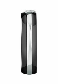 Oggetto cilindrico nero e argento con una finitura lucida, dotato di una parte superiore esagonale e una superficie liscia e riflettente.