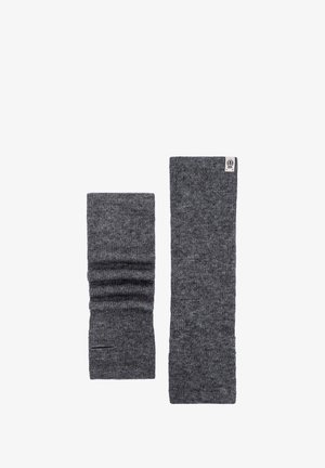 Two dark gray knitted wrist warmers laid flat, one folded and the other fully extended with a small white logo tag.