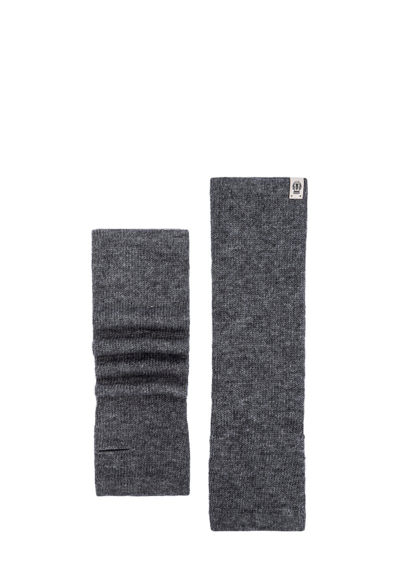 Two dark gray knitted wrist warmers laid flat, one folded and the other fully extended with a small white logo tag.