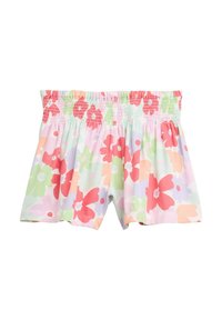 Färggranna blommiga shorts med en skräddarsydd midja. Det lätta tyget visar stora rosa, gröna och orange blommor på en pastellbakgrund.