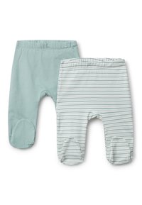 Dvoje dětských kalhot: jedny v jednolité světle zelené barvě, druhé se světle zelenými a bílými pruhy. Měkká látka se zaoblenými nákoleníky.