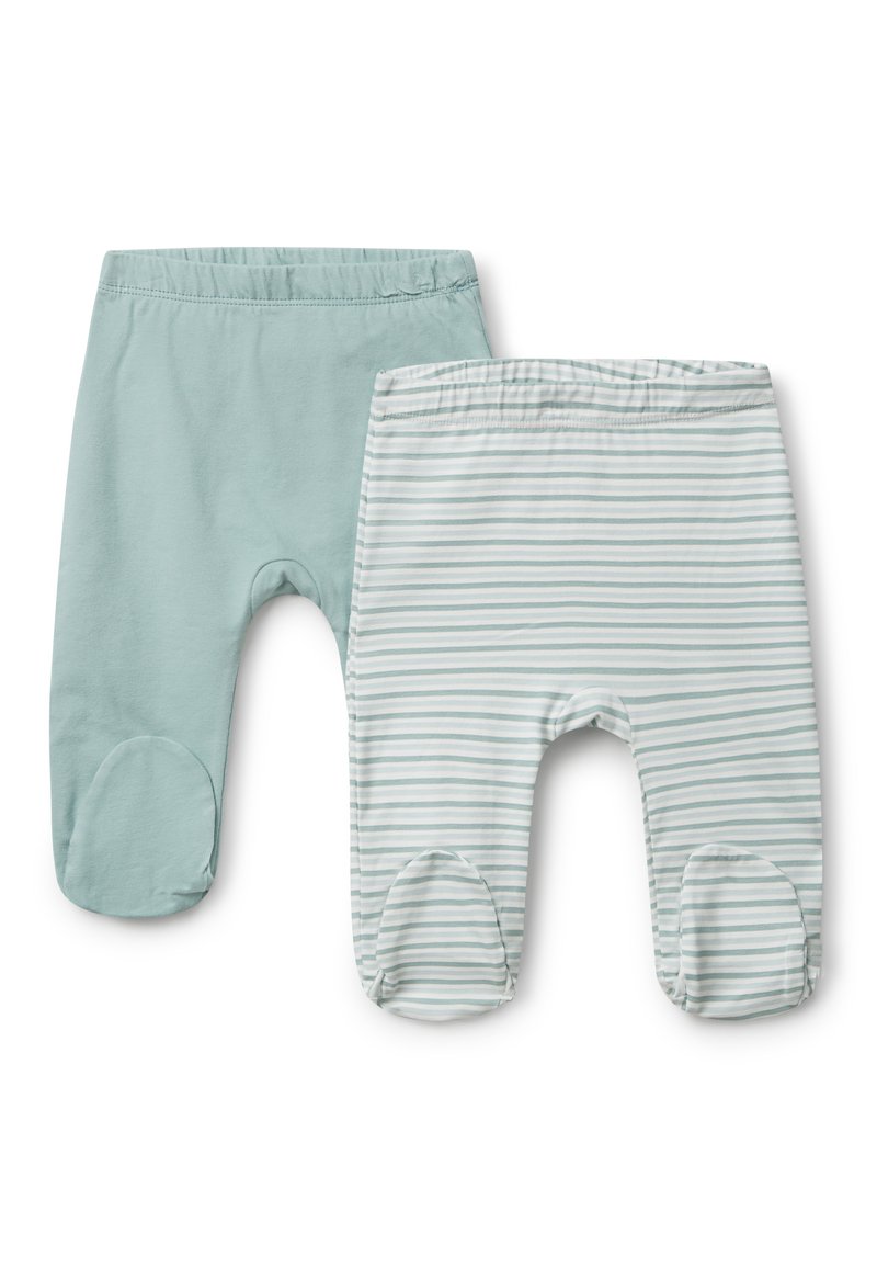 Dvoje dětských kalhot: jedny v jednolité světle zelené barvě, druhé se světle zelenými a bílými pruhy. Měkká látka se zaoblenými nákoleníky.