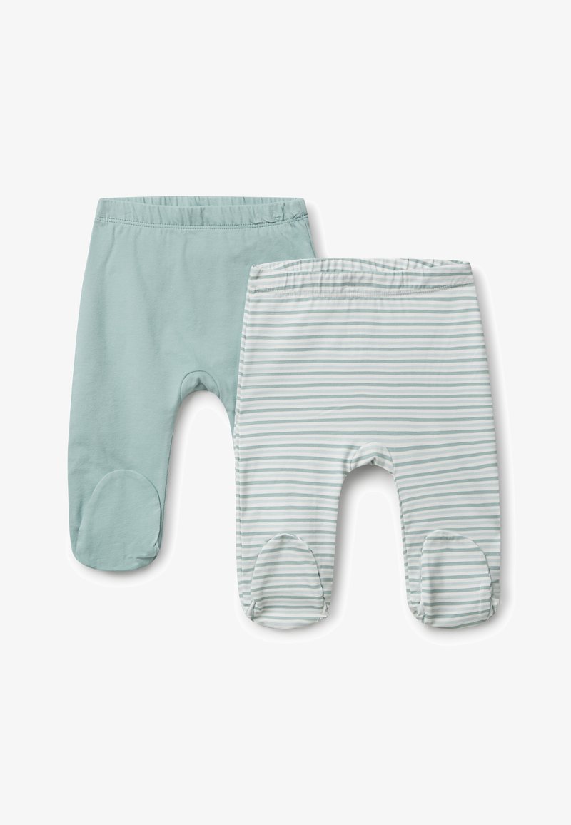 Dvoje dětských kalhot: jedny v jednolité světle zelené barvě, druhé se světle zelenými a bílými pruhy. Měkká látka se zaoblenými nákoleníky.