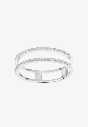 Išskirtinis sidabrinis žiedas, turintis dvi paralelines juostas, papuoštas mažomis skaidriomis akmenimis viršutiniame krašte, tarp juostų paliekant atviras erdves.