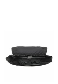 Borsa in tessuto nero con zip superiore, dotata di una tasca interna e una texture liscia. Il design è minimalista e rettangolare.
