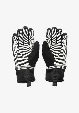 Gants noirs et blancs avec un motif en spirale, doté d'une prise texturée, de paumes noires renforcées et de sangles de poignet réglables pour un ajustement parfait.