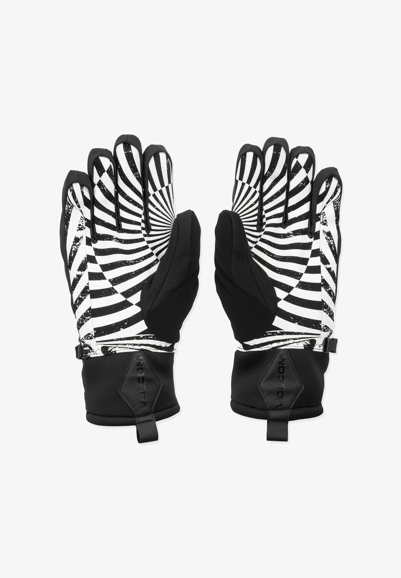 Gants noirs et blancs avec un motif en spirale, doté d'une prise texturée, de paumes noires renforcées et de sangles de poignet réglables pour un ajustement parfait.