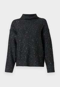 Pull en maille noire à manches longues avec un col montant et des fils argentés scintillants tissés dans tout le tissu.