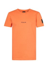 Camiseta de algodón naranja con cuello redondo, mangas cortas y un estampado de logo negro "PETROL' IND." en el frente. Etiqueta en la manga izquierda.