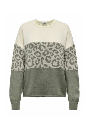 Pull colorblock avec haut crème, bas vert sauge et bande centrale de léopard vert traversant la poitrine et le haut des manches. Manches longues.