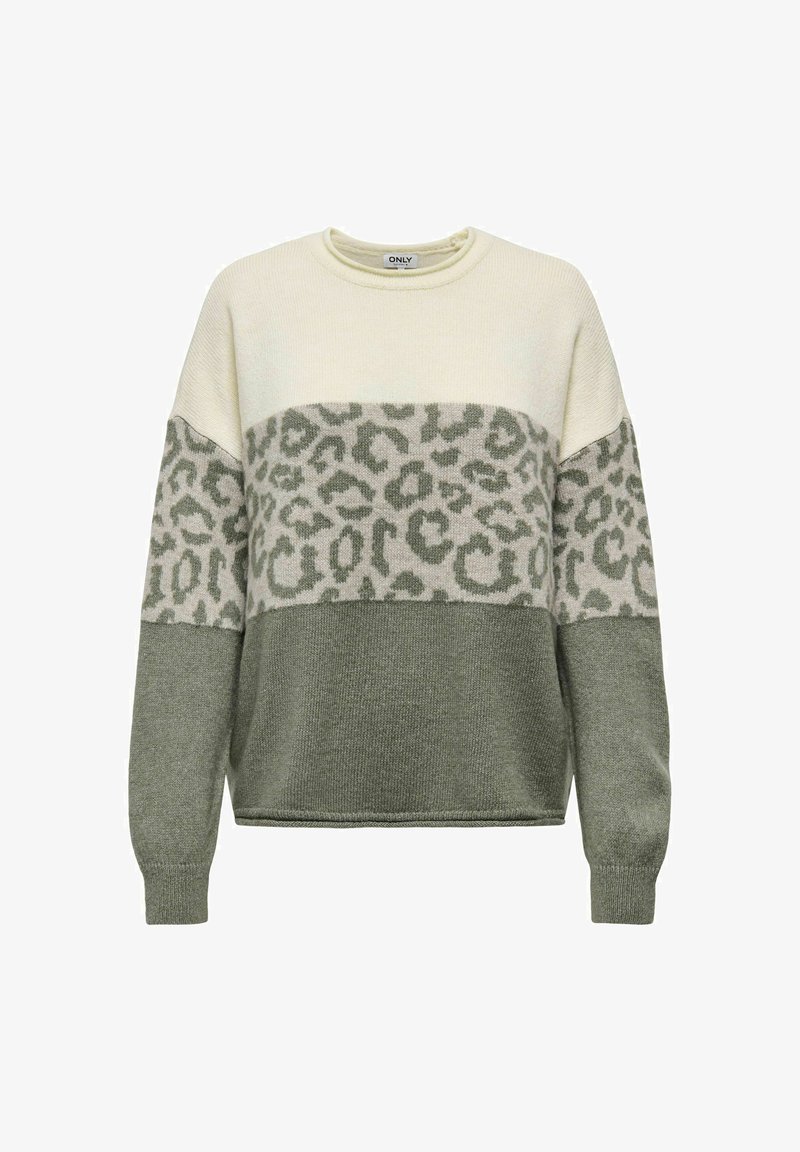 Pull colorblock avec haut crème, bas vert sauge et bande centrale de léopard vert traversant la poitrine et le haut des manches. Manches longues.
