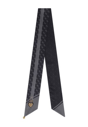 Écharpe noire et grise avec des sections à motifs, des breloques dorées en forme de cœur et une couture géométrique contrastante sur un côté.