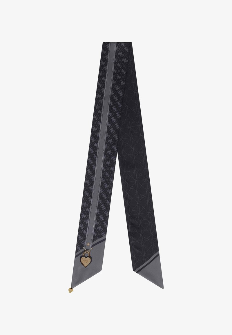 Sciarpa nera e grigia con sezioni a motivo, ciondoli dorati a forma di cuore e cuciture geometriche a contrasto su un lato.