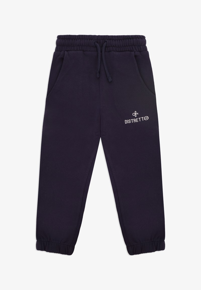 Pantaloni jogger blu navy con vita elastica, coulisse, tasche laterali e polsini a costine. Presentano un logo bianco stampato sulla gamba sinistra.