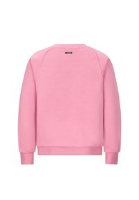 Felpa rosa con collo a giro e polsini a costine. Design semplice con texture liscia e un piccolo'etichetta del brand posizionata sul retro.